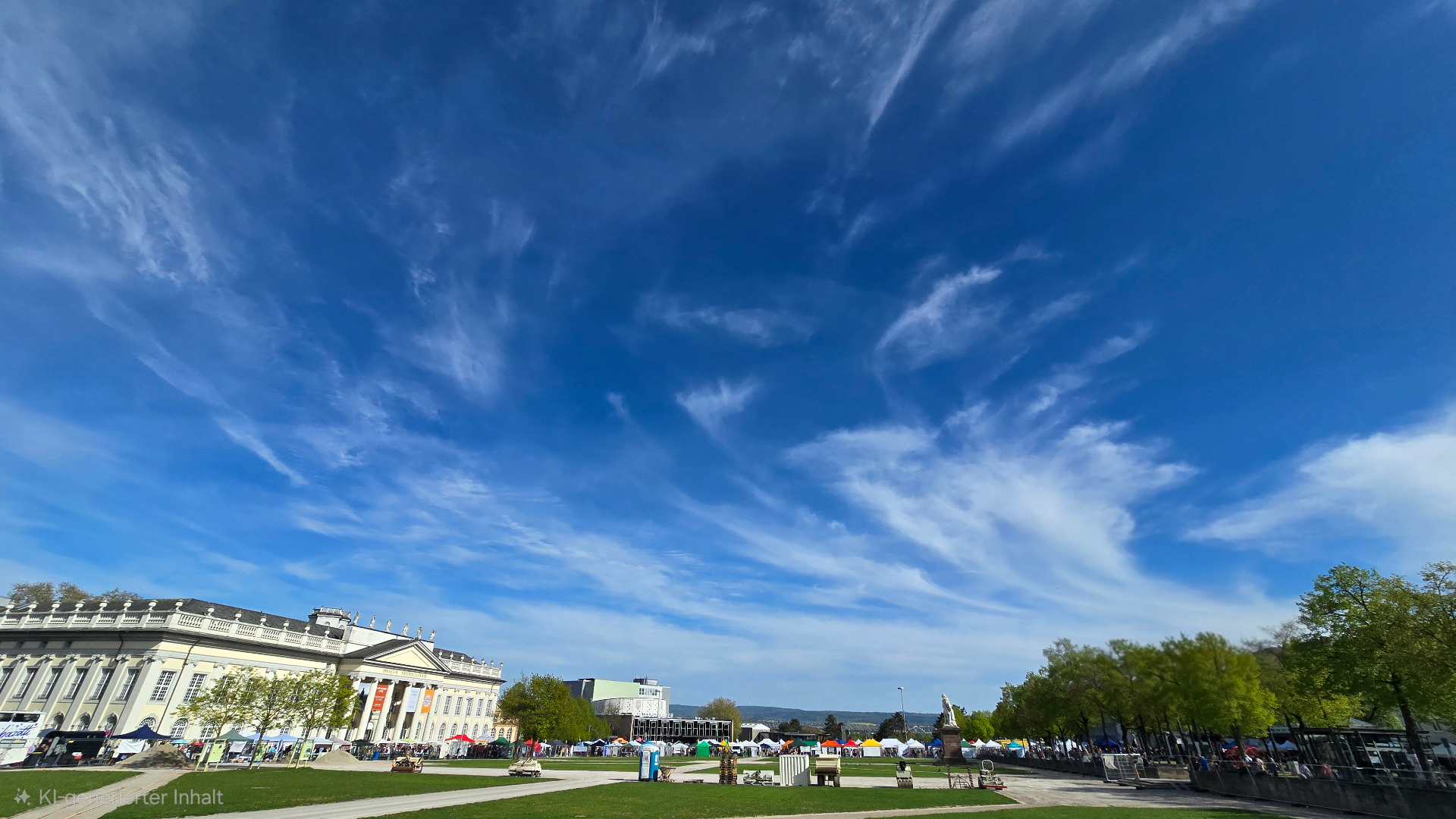 Friedrichsplatz Kassel mit weitem Wolkenhimmel und Marktständen am Tag der Erde