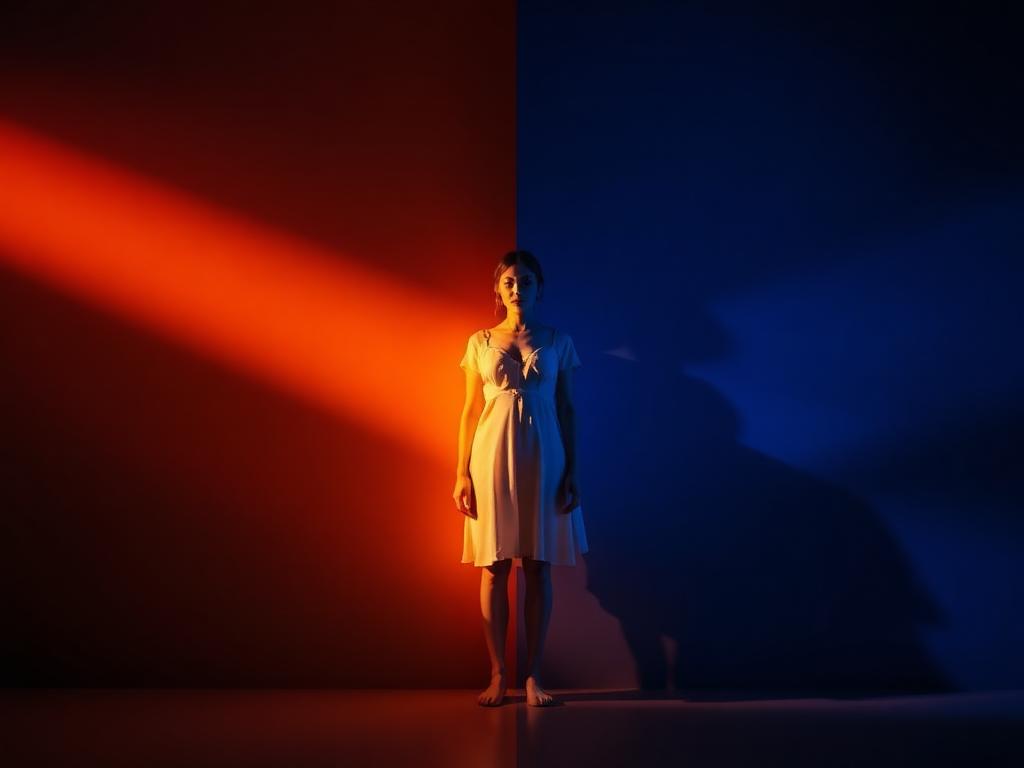Person zwischen warmem und kaltem Licht, halb im Schatten