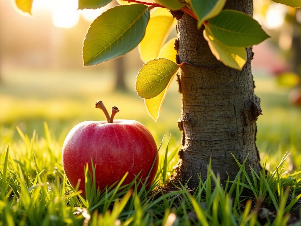 Apfel neben Baum im warmen Morgenlicht