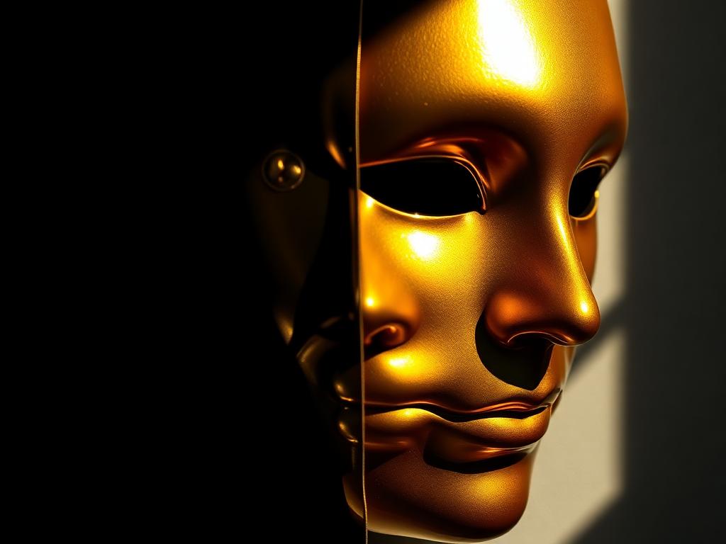 Goldene Maske, eine Seite glänzend, die andere rissig im Schatten