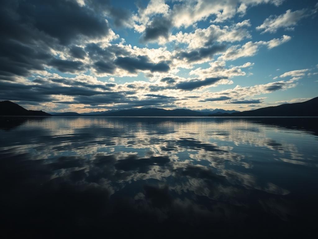 Ruhiger See mit Spiegelung und dunklem Untergrund