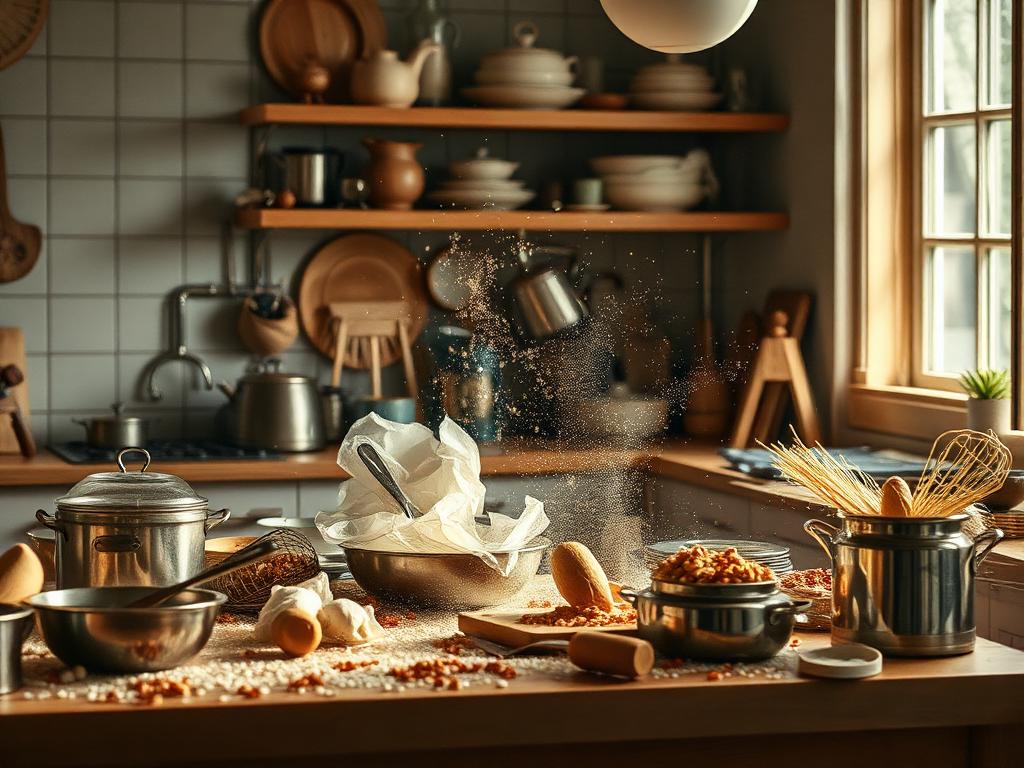 Chaotische Arbeitsfläche mit verstreuten Kochutensilien und verschüttetem Brei